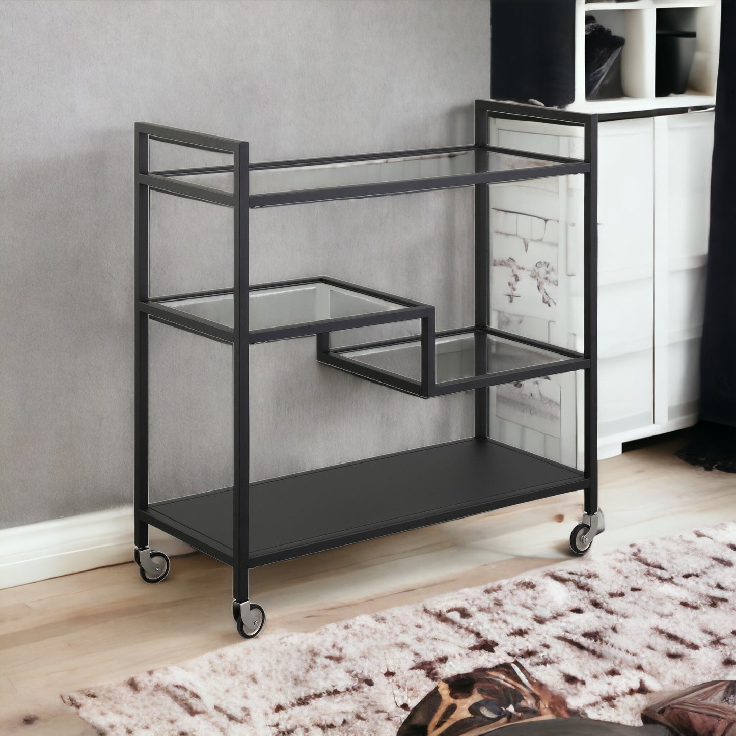 Black Steel And Glass Rolling Bar Cart