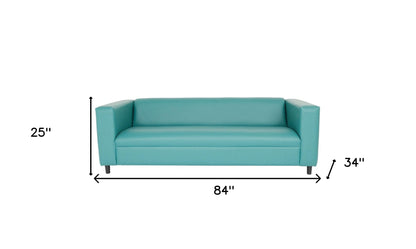 84" Blue Faux Leather Sofa With Black Legs