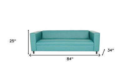 84" Blue Faux Leather Sofa With Black Legs