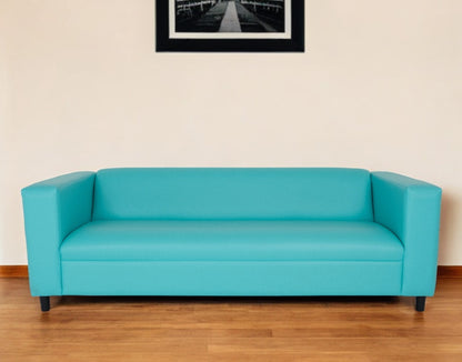 84" Teal Blue Faux Leather Sofa With Black Legs