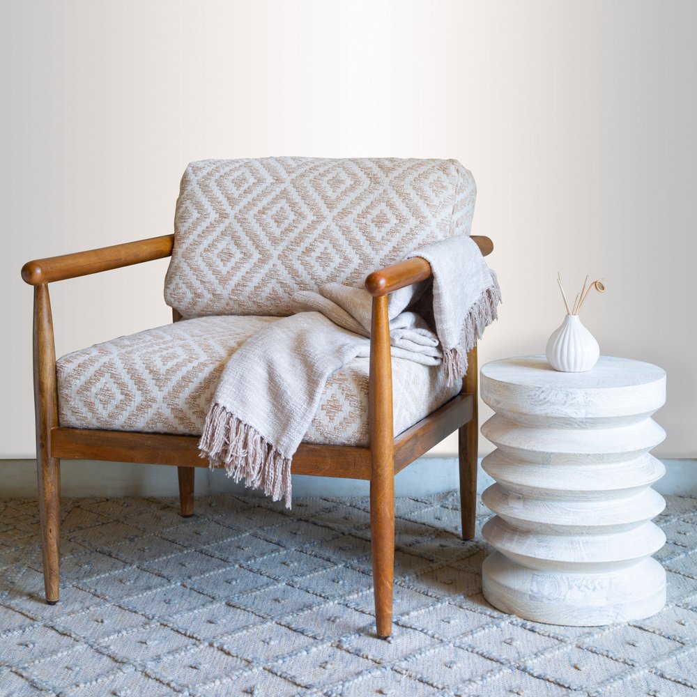 28" Beige And Brown Fabric Geometric Arm Chair