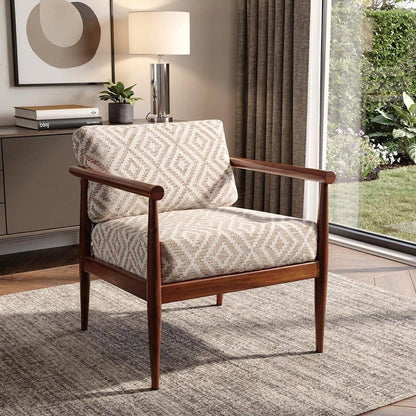 28" Beige and Brown Solid Wood Geometric Arm Chair