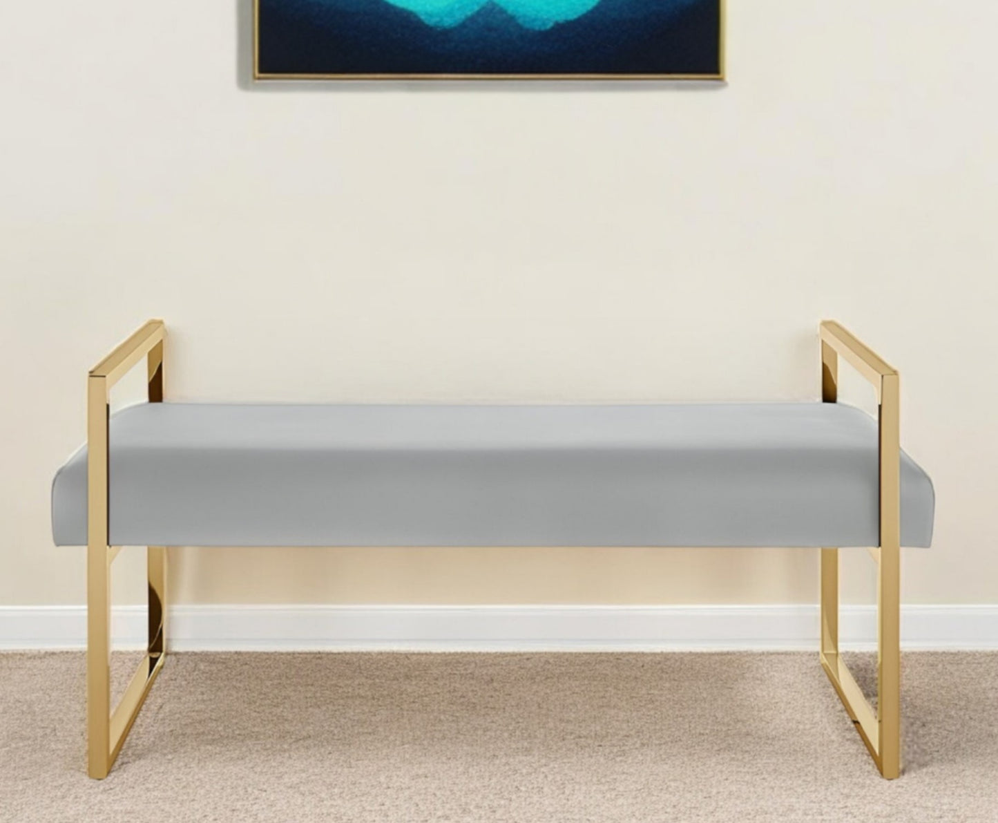 48" Navy Blue and Gold Upholstered Velvet Bench