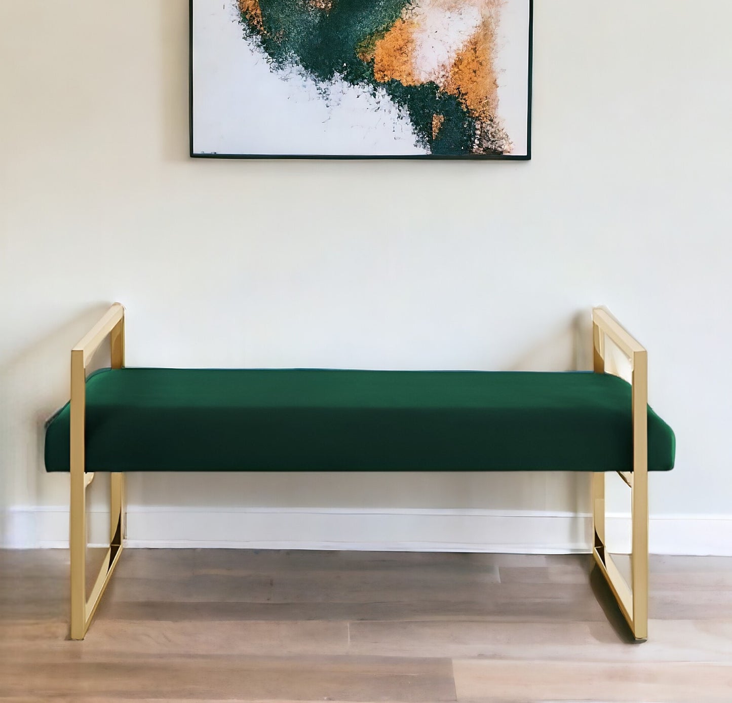 48" Navy Blue and Gold Upholstered Velvet Bench