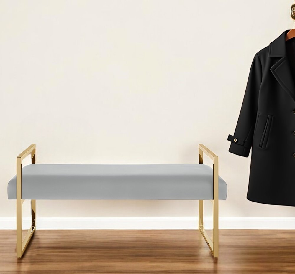 48" Black and Silver Upholstered Velvet Bench