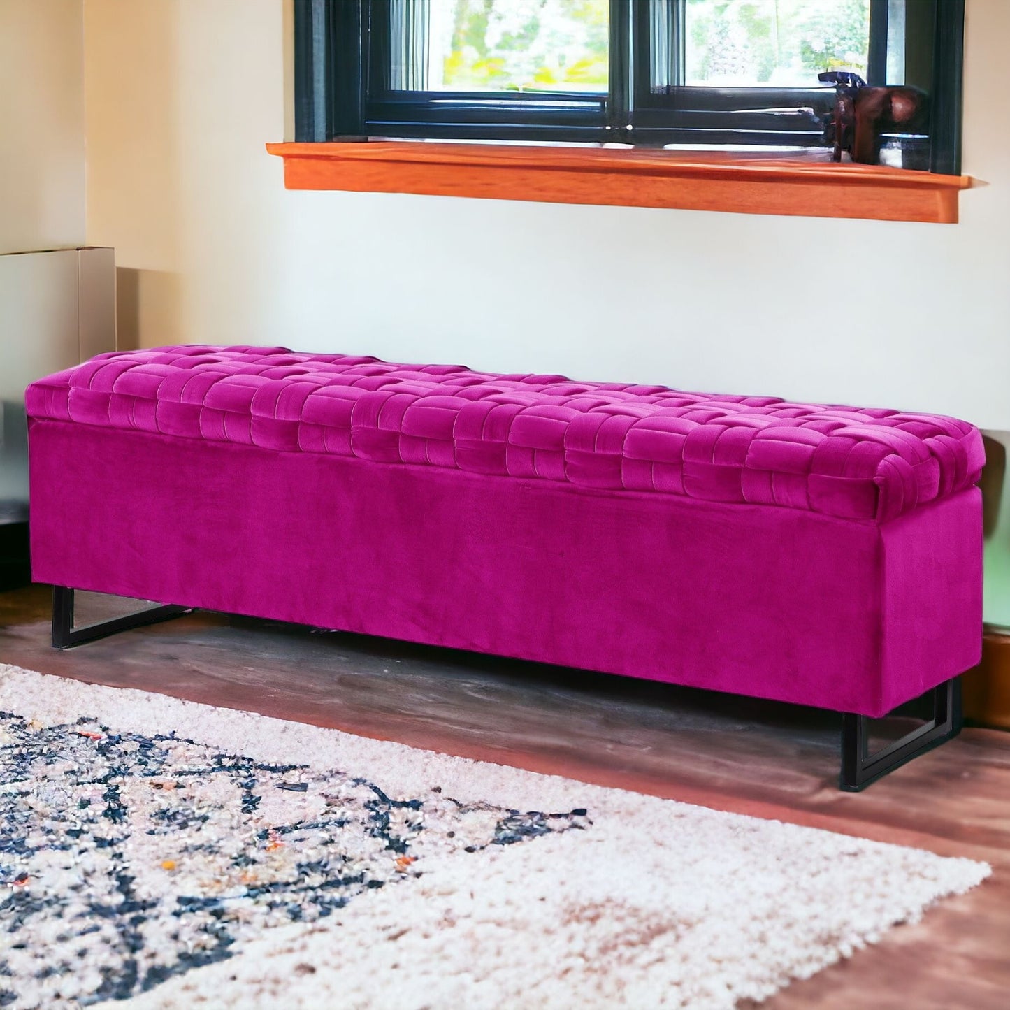 16" Fuchsia Upholstered Velvet Bench with Flip top