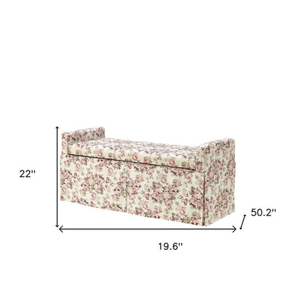 20" White and Red Linen Upholstered Floral Storage Bench with Shoe Storage