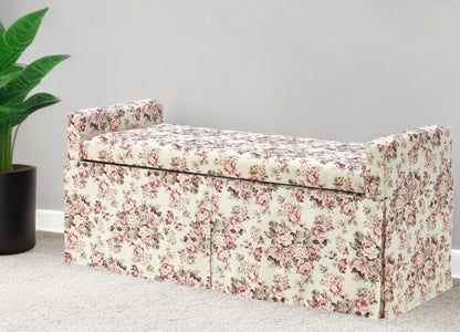 20" White and Red Upholstered Linen Floral Storage Bench with Shoe Storage