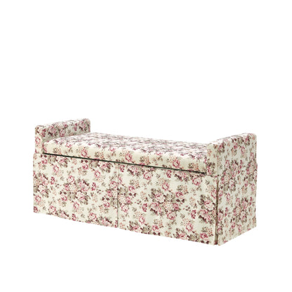 20" White and Red Upholstered Linen Floral Storage Bench with Shoe Storage