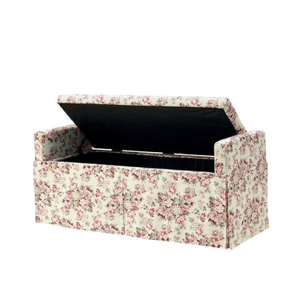 20" White and Red Linen Upholstered Floral Storage Bench with Shoe Storage