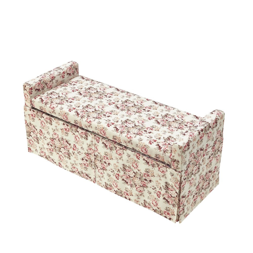 20" White and Red Linen Upholstered Floral Storage Bench with Shoe Storage