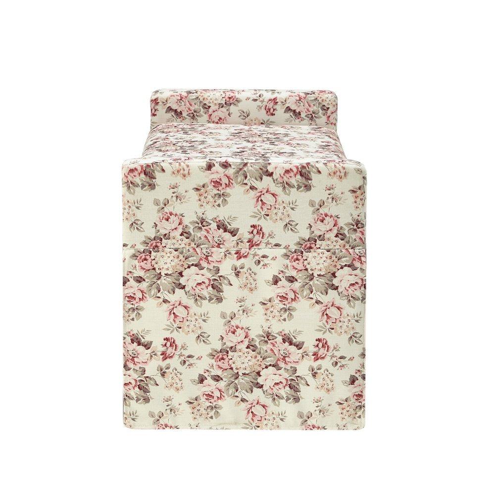 20" White and Red Linen Upholstered Floral Storage Bench with Shoe Storage