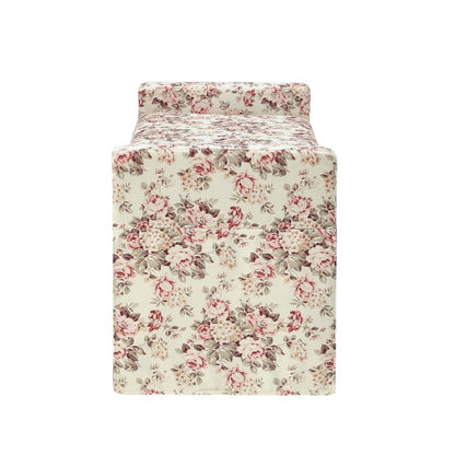 20" White and Red Linen Upholstered Floral Storage Bench with Shoe Storage
