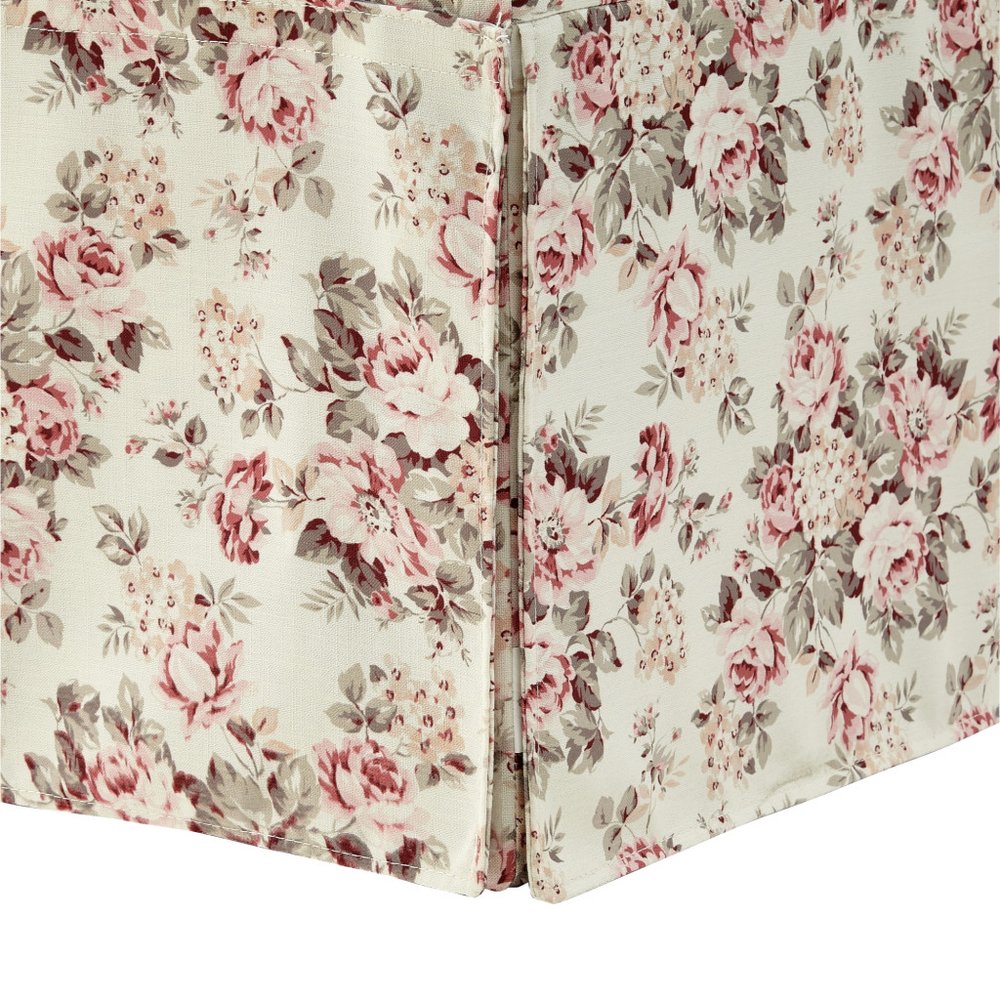 20" White and Red Linen Upholstered Floral Storage Bench with Shoe Storage