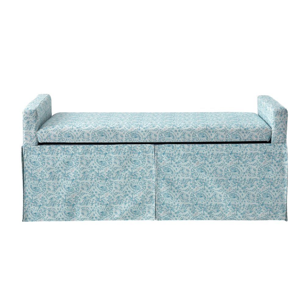 20" White and Red Linen Upholstered Floral Storage Bench with Shoe Storage
