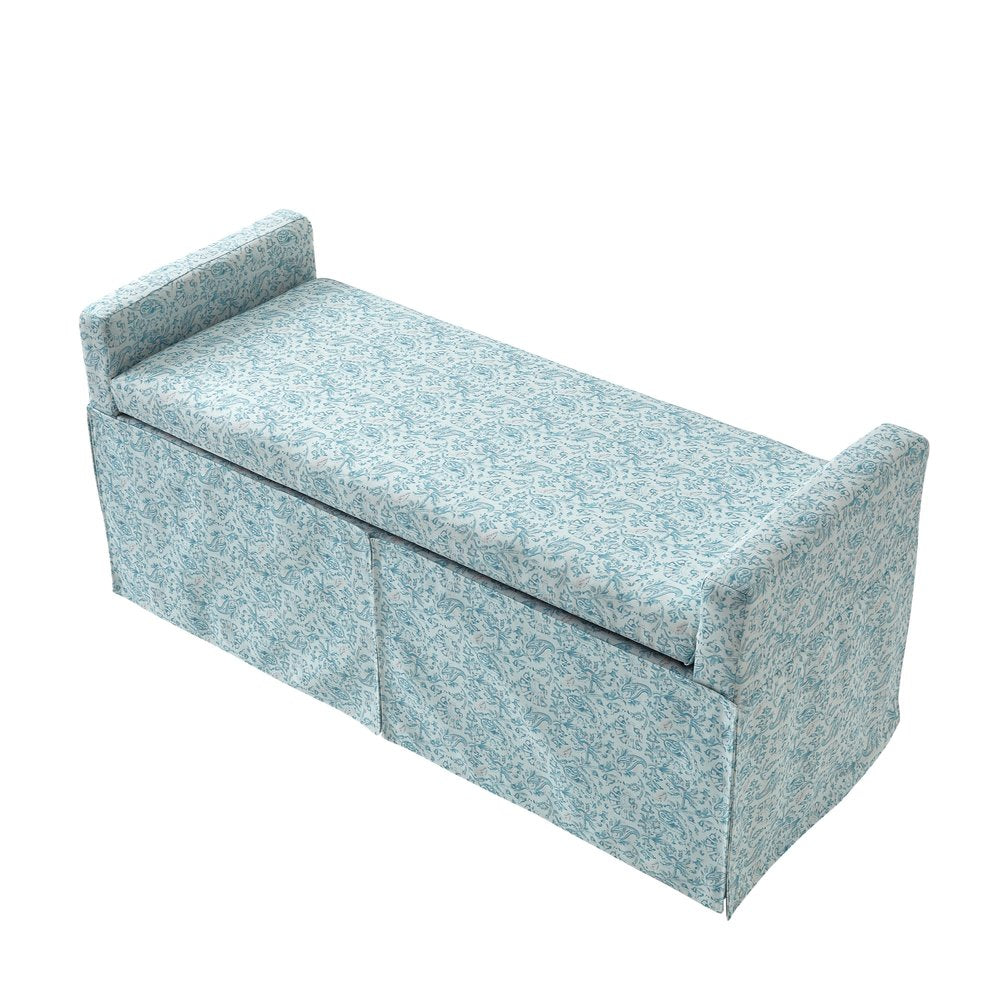 20" White and Red Linen Upholstered Floral Storage Bench with Shoe Storage
