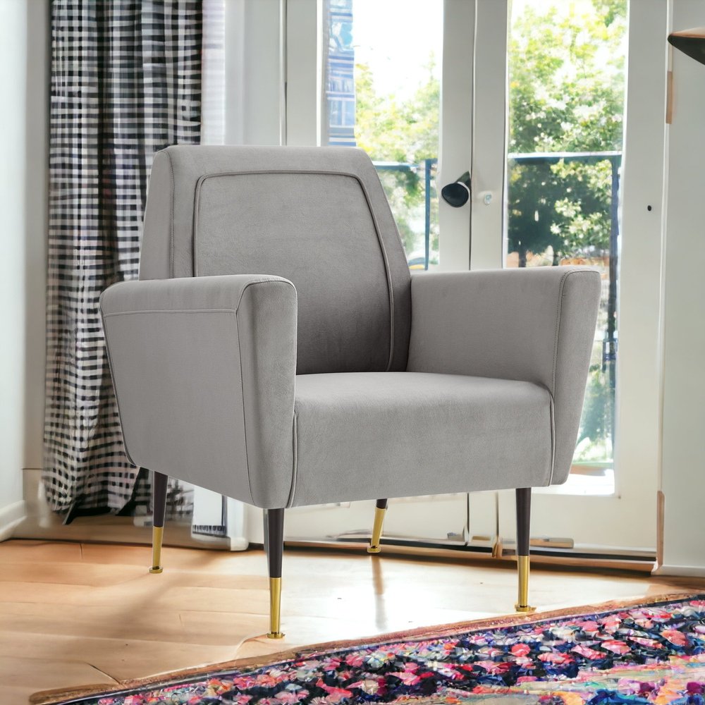 32" Gray And Black And Gold Velvet Arm Chair