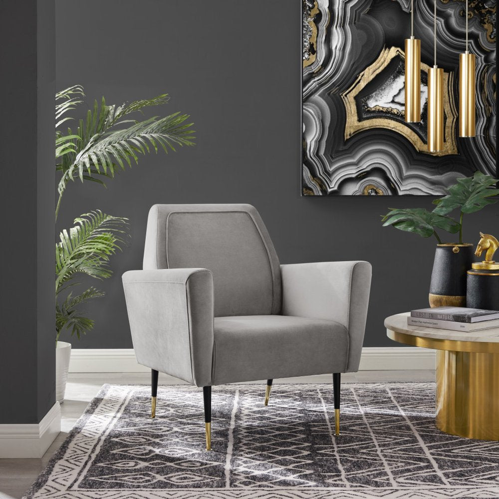 32" Gray And Black And Gold Velvet Arm Chair