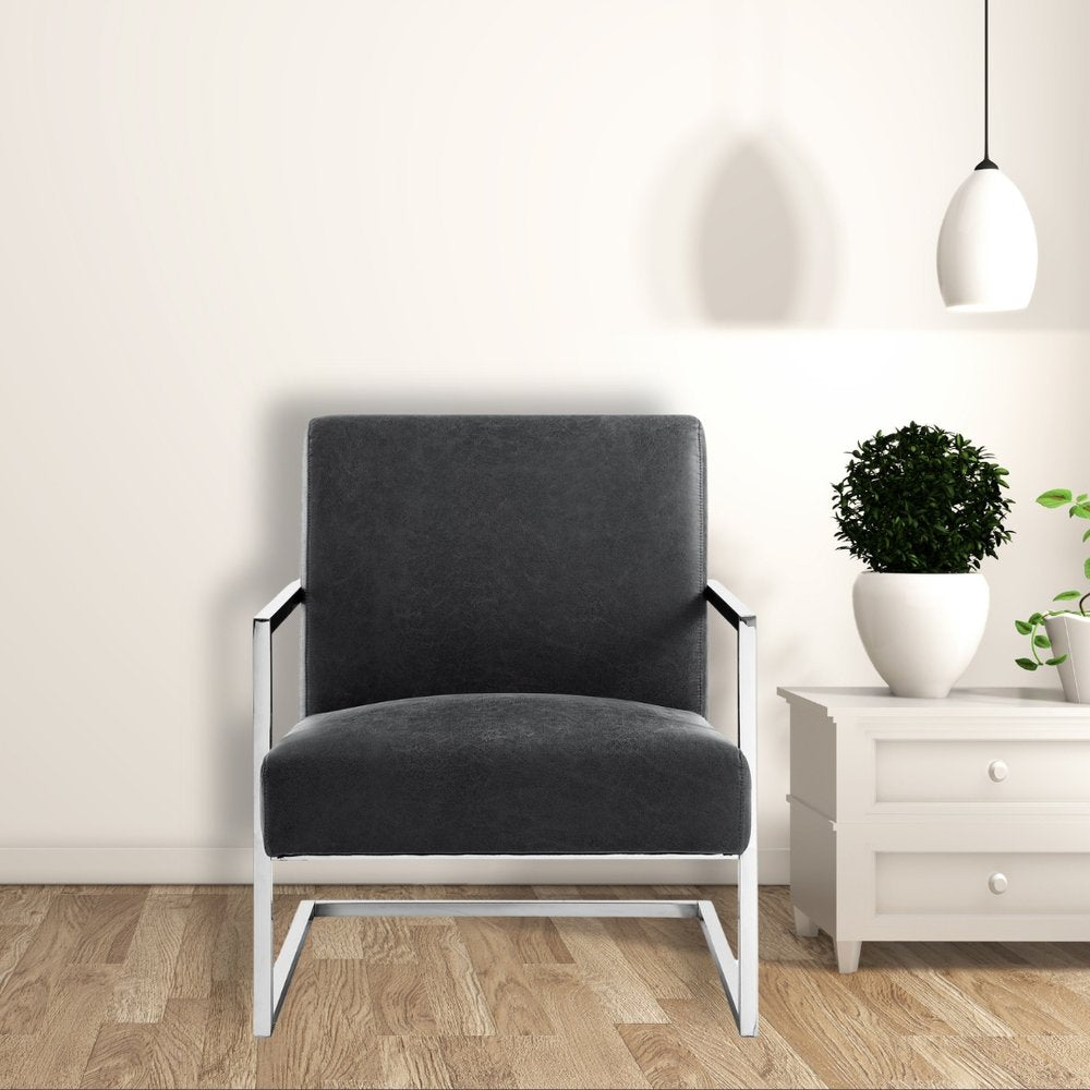 27" Charcoal And Silver Faux Leather Arm Chair