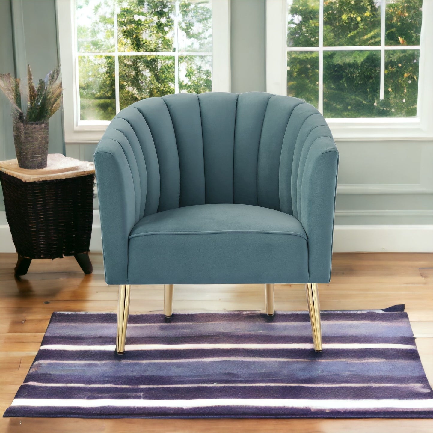 31" Teal Blue And Gold Velvet Tufted Barrel Chair