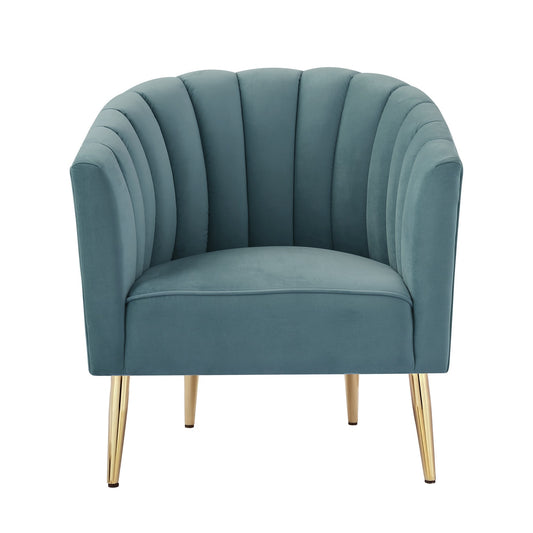 31" Teal Blue And Gold Velvet Tufted Barrel Chair