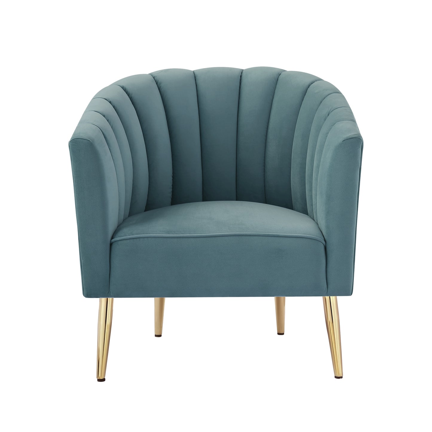 31" Teal Blue And Gold Velvet Tufted Barrel Chair