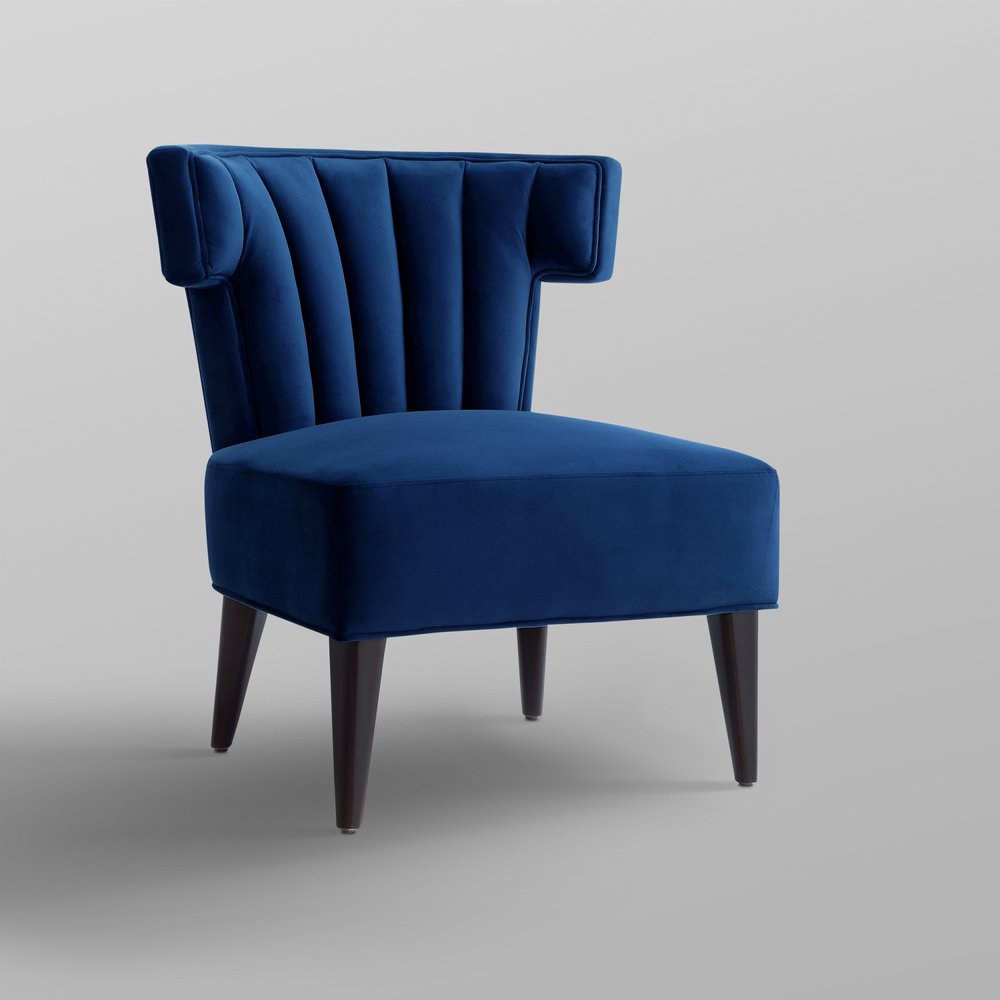 30" Navy Blue And Black Velvet Tufted Wingback Chair