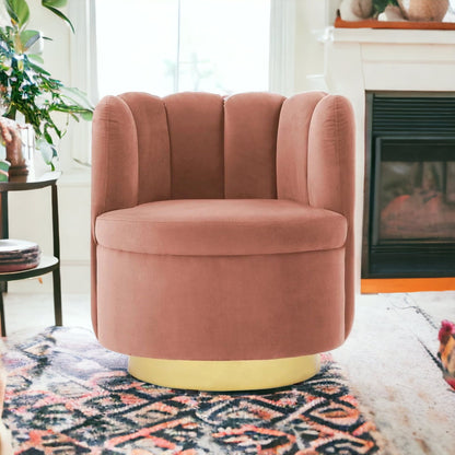 27" Blush And Gold Velvet Tufted Swivel Barrel Chair