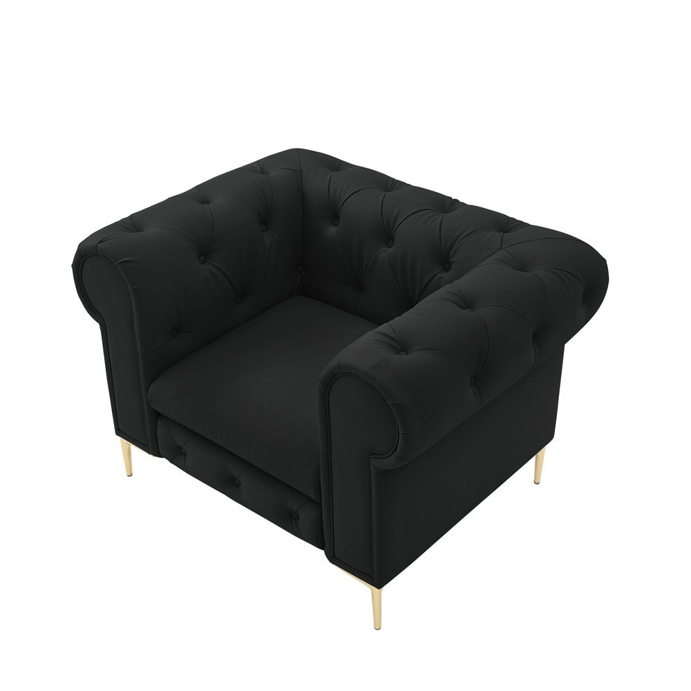 34" Black And Gold Faux Leather Tufted Chesterfield Chair