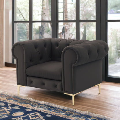 34" Black And Gold Faux Leather Tufted Chesterfield Chair