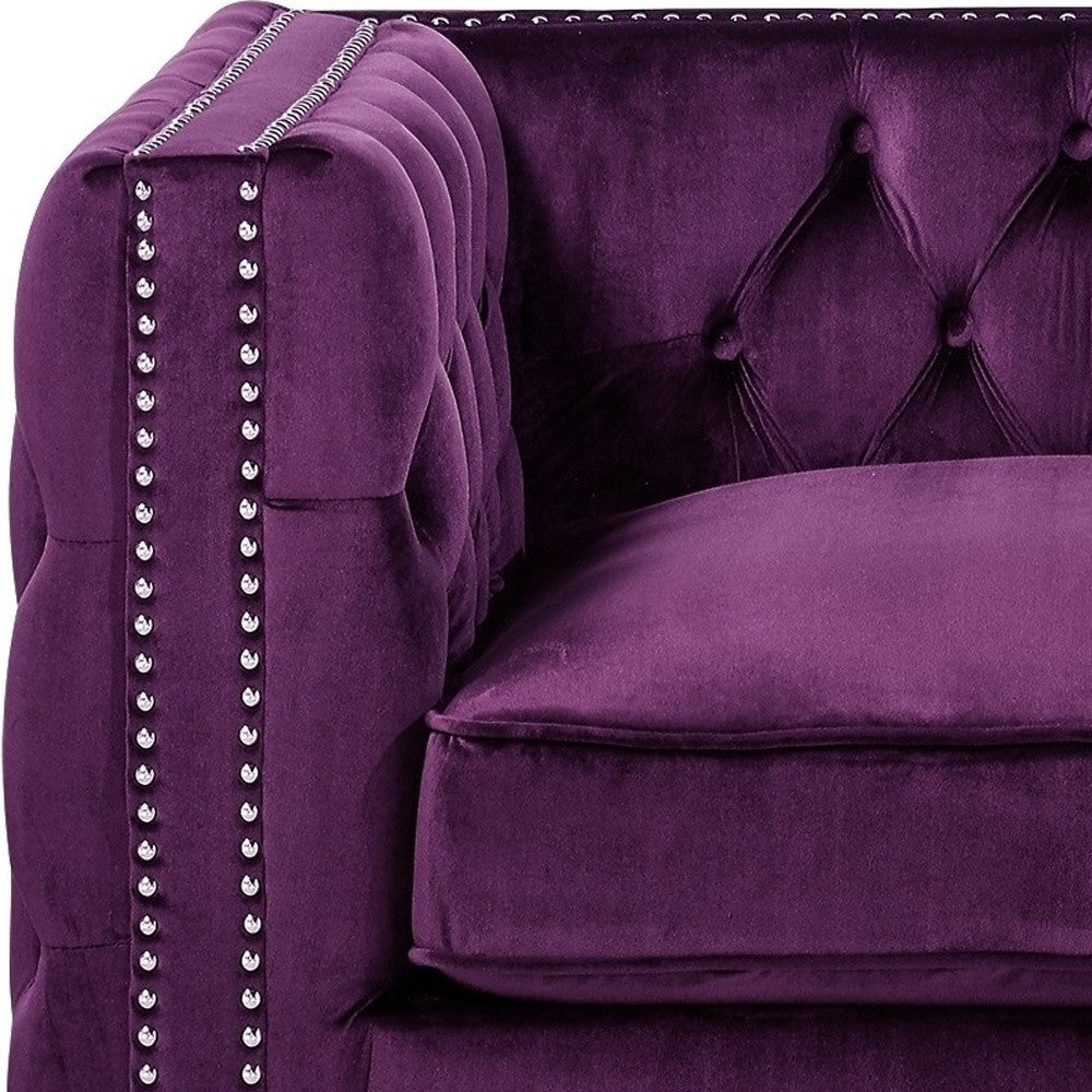 35" Purple And Silver Velvet Tufted Club Chair