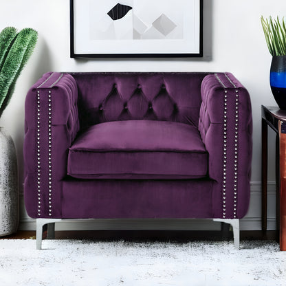 35" Purple And Silver Velvet Tufted Club Chair