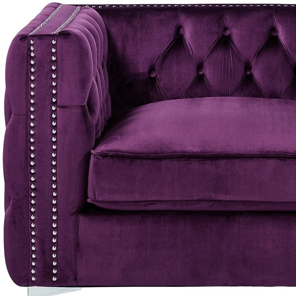 35" Purple And Silver Velvet Tufted Club Chair