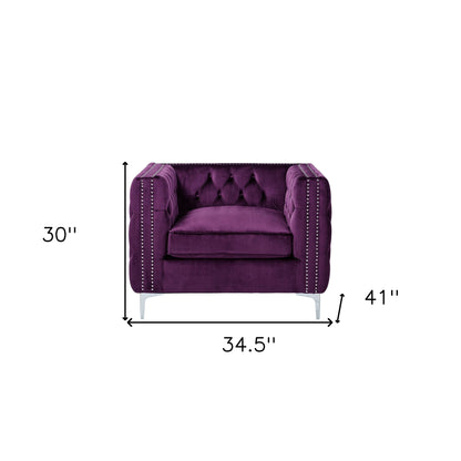 35" Purple And Silver Velvet Tufted Club Chair