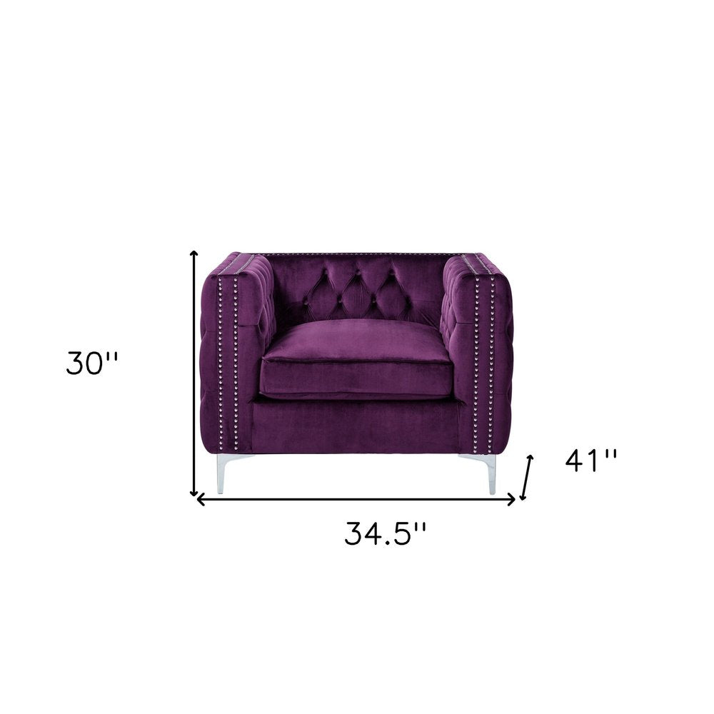 35" Purple And Silver Velvet Tufted Club Chair