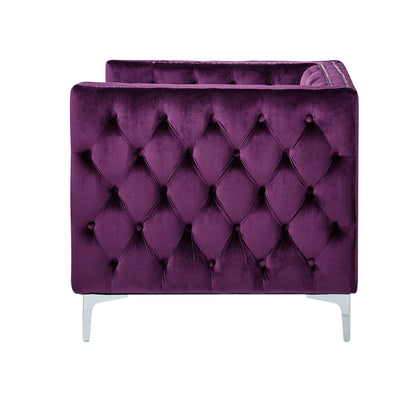 35" Purple And Silver Velvet Tufted Club Chair