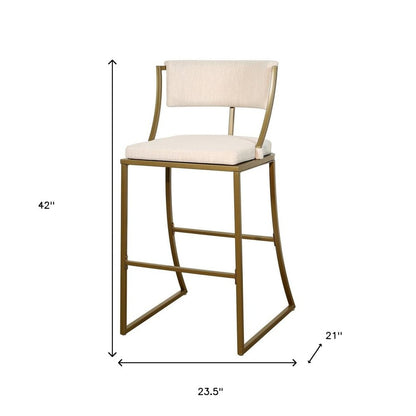 30" Beige And Antiqued Brass Fabric And Steel Low Back Bar Height Bar Chair