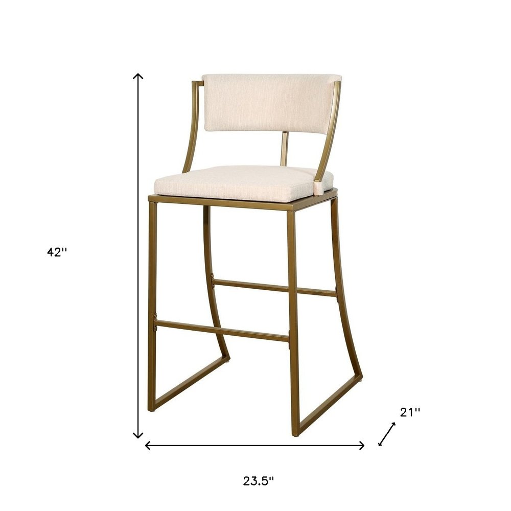 30" Beige And Antiqued Brass Fabric And Steel Low Back Bar Height Bar Chair