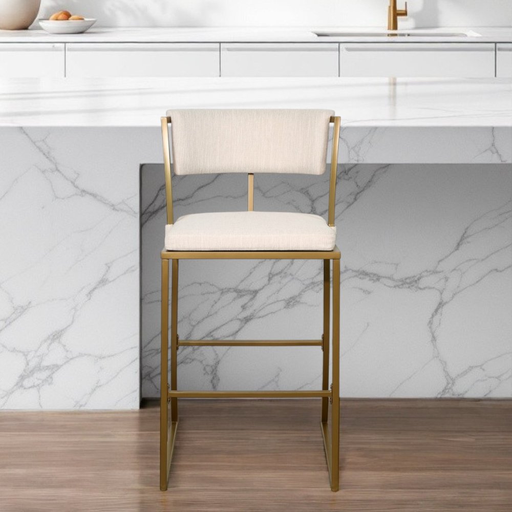 30" Beige And Antiqued Brass Steel Low Back Bar Height Bar Chair