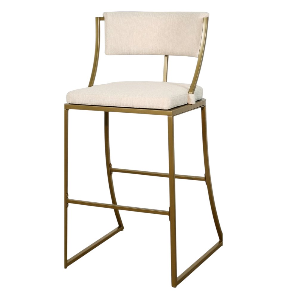 30" Beige And Antiqued Brass Fabric And Steel Low Back Bar Height Bar Chair