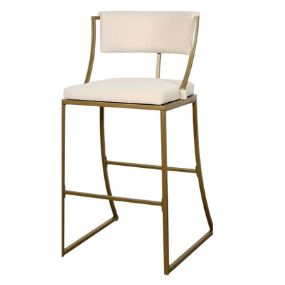 30" Beige And Antiqued Brass Fabric And Steel Low Back Bar Height Bar Chair