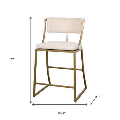 25" Beige And Antiqued Brass Fabric And Steel Low Back Counter Height Bar Chair
