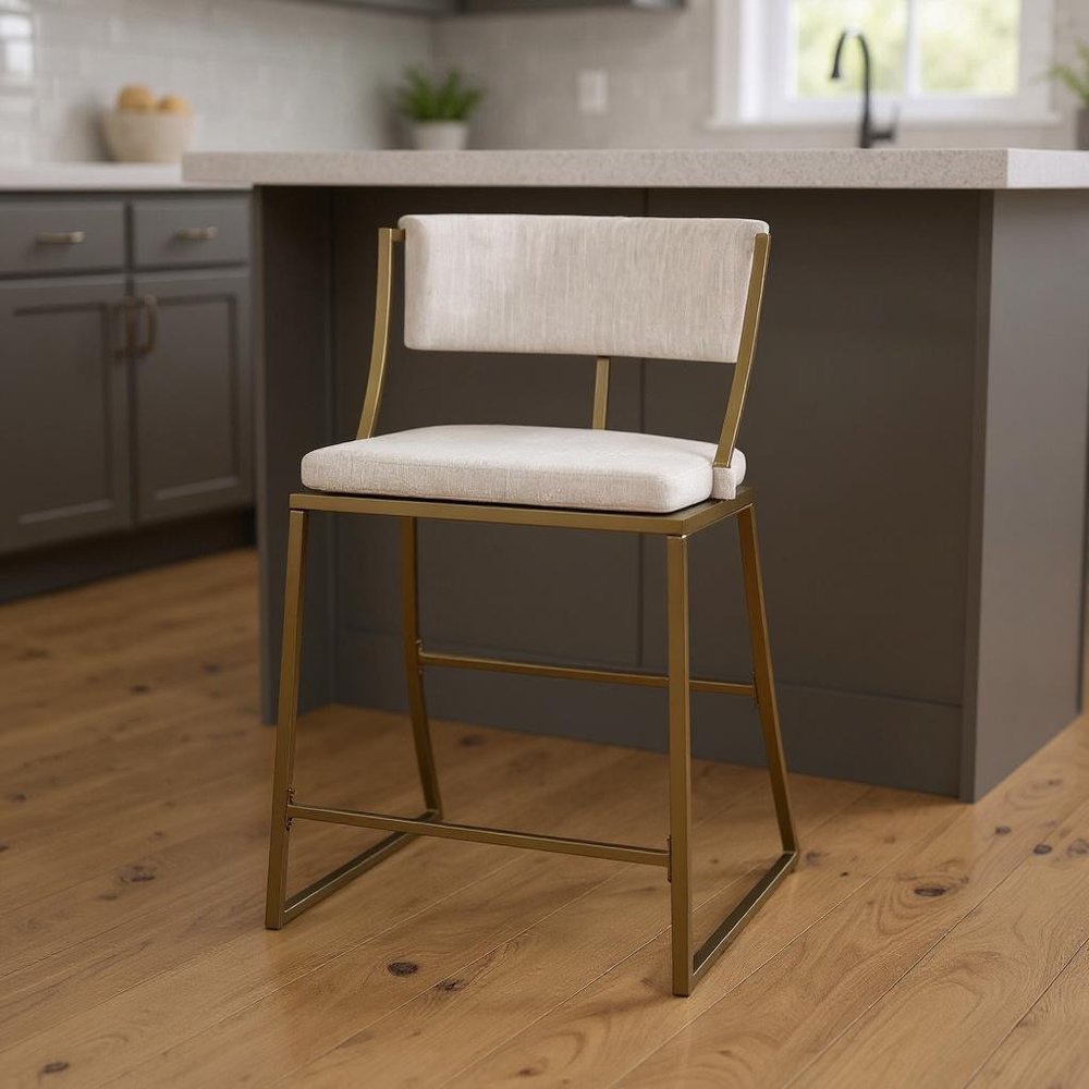 25" Beige And Antiqued Brass Steel Low Back Counter Height Bar Chair