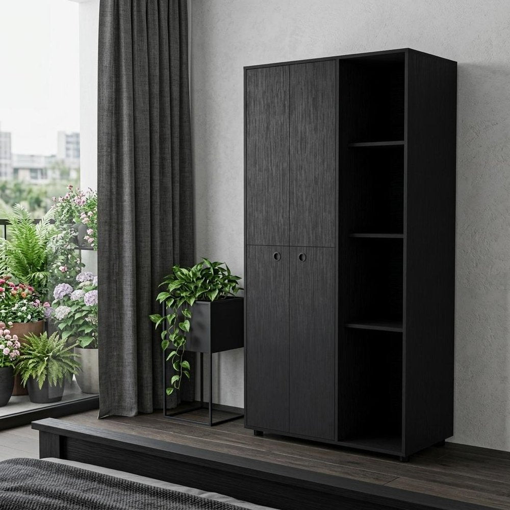 72" Black Wood And Metal Two Door Single Drawer Combo Dresser