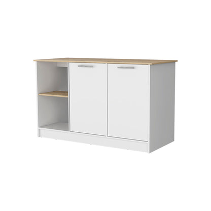 White and Oak 59" Kitchen Island With Storage