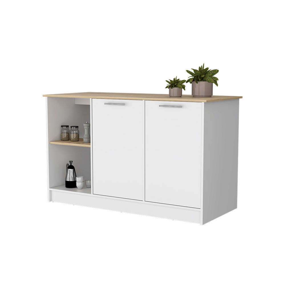 White and Oak 59" Kitchen Island With Storage