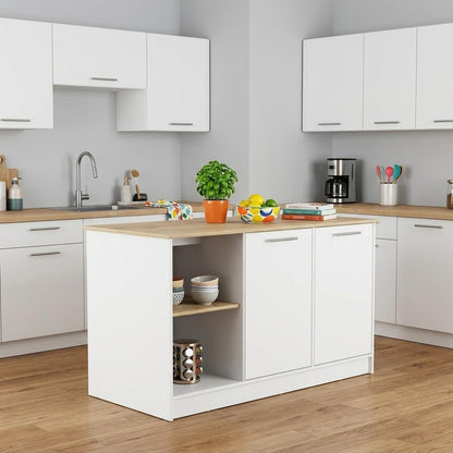 White and Oak 59" Kitchen Island With Storage