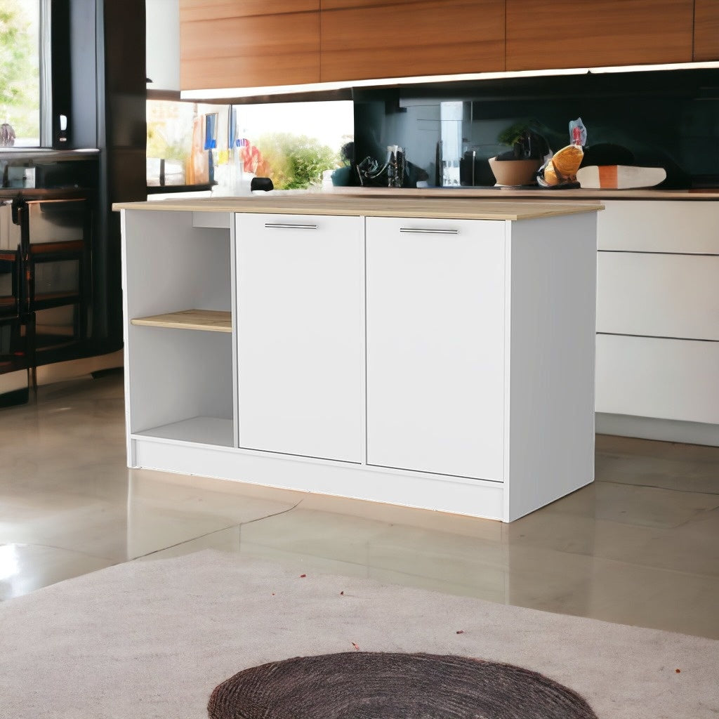 White and Oak 59" Kitchen Island With Storage