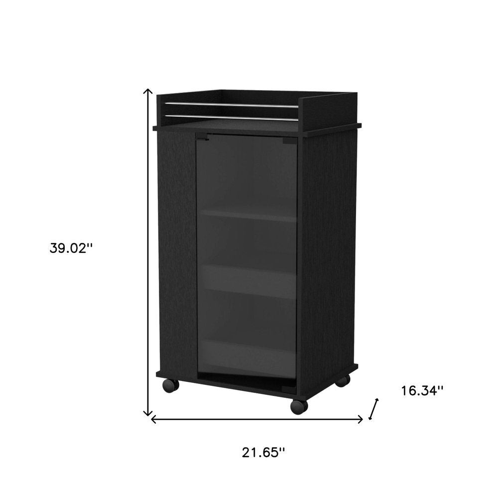 22" Black And Clear Wood And Glass Rolling Bar Cart