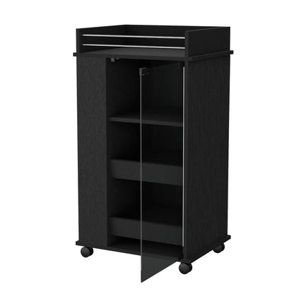 22" Black And Clear Wood And Glass Rolling Bar Cart